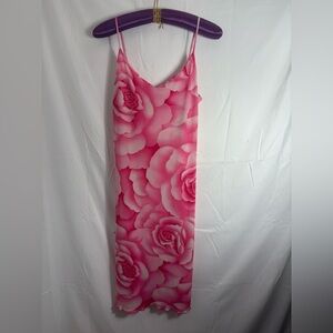 Y2K Pink Rose Metallic Lined Lettuce Hem Coquette Whimsy Fairy Midi Dress Size L